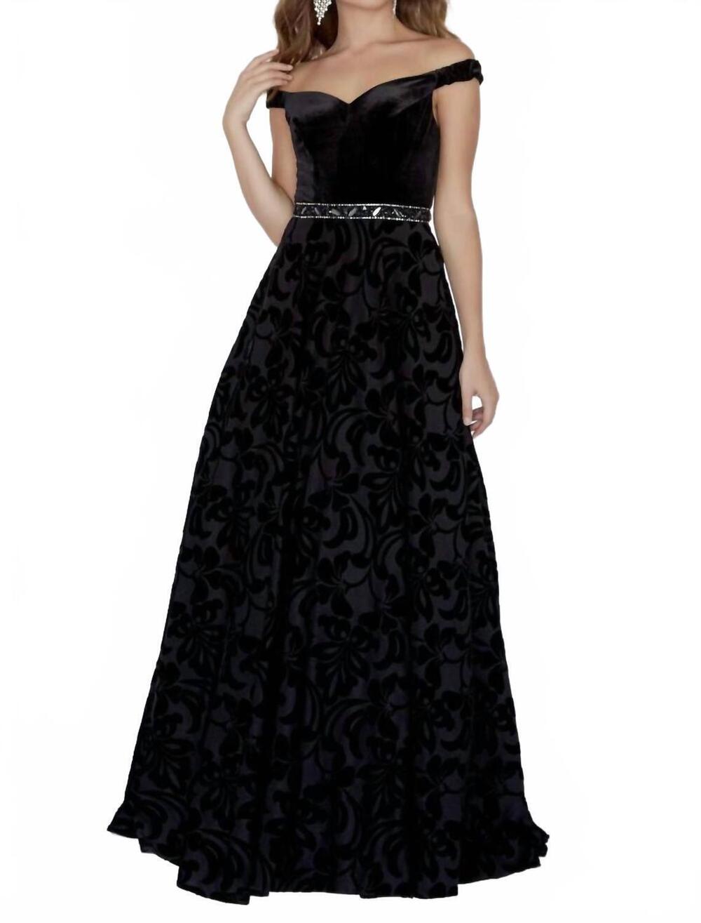 NEW JOSH & JAZZ off the shoulder velvet flocking prom dress in black/black